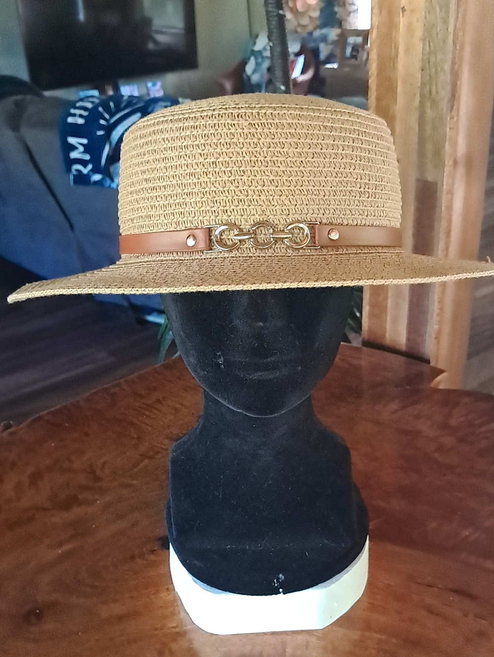 Straw Boater Hat with Brown Leather Band and Gold Accent
